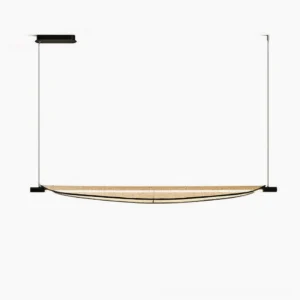 Thula linear rattan chandelier overhead front view with natural woven shade and black metal fixtures on white background