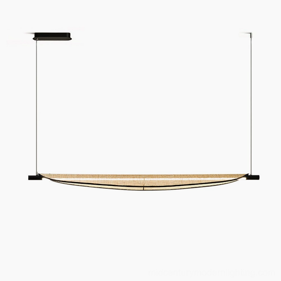Thula linear rattan chandelier overhead front view with natural woven shade and black metal fixtures on white background