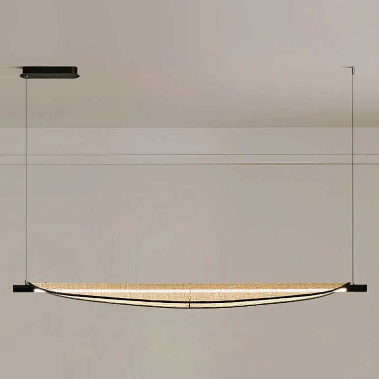 Thula linear rattan pendant light bottom view showing boat-shaped curved frame and black metal hardware