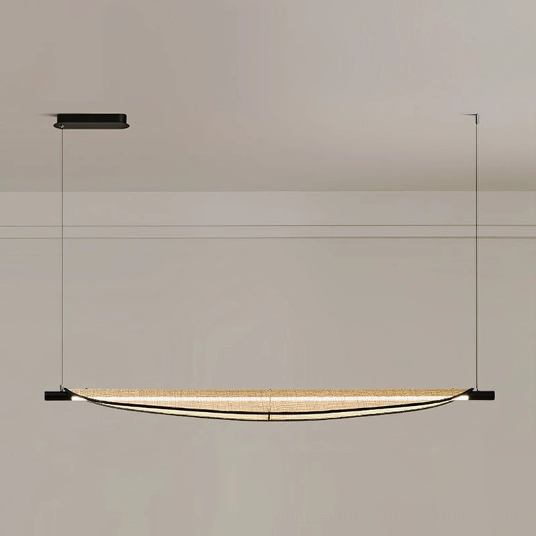 Thula medium size linear rattan chandelier in mid-century modern dining room with wooden furniture