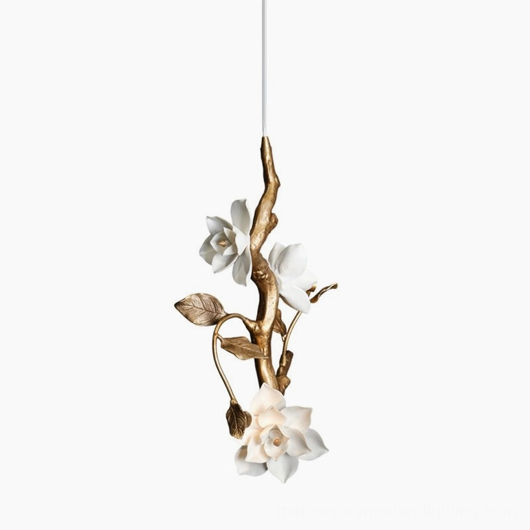 Brass and white ceramic magnolia flower pendant light - warm light variant in brass and white finish