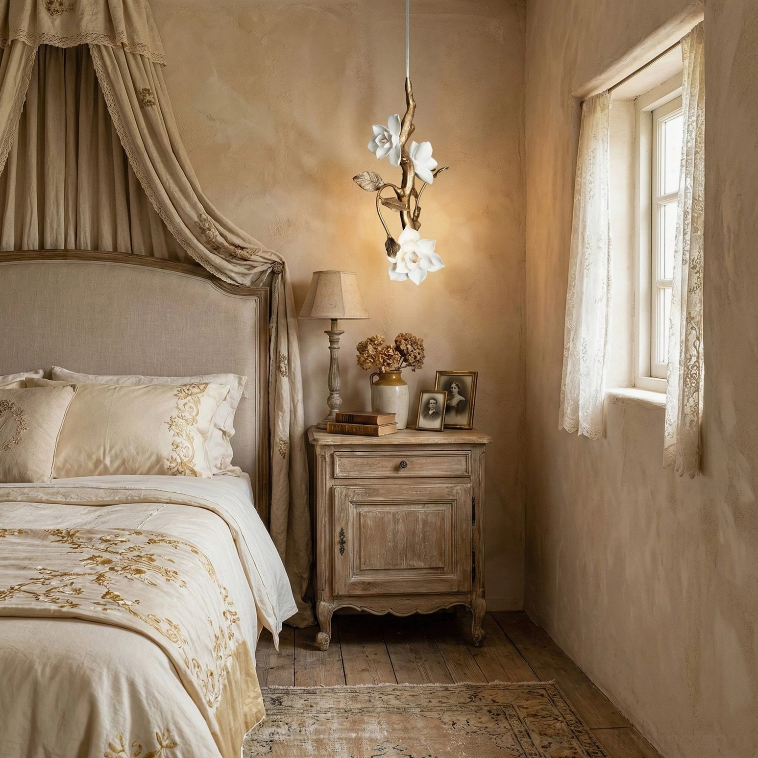 Brass magnolia pendant light with white flowers suspended from canopy bed in elegant French luxury bedroom