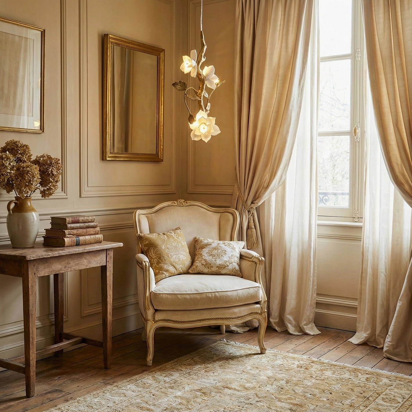 White ceramic flower pendant light in rustic French country sitting area with warm beige vintage decor