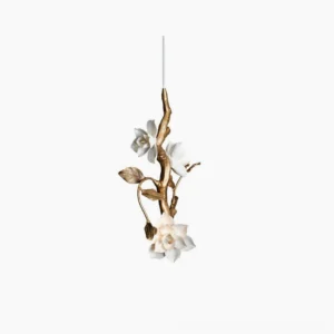 Thylane magnolia flower pendant light with gilt brass frame and white ceramic blooms, front studio view on white background