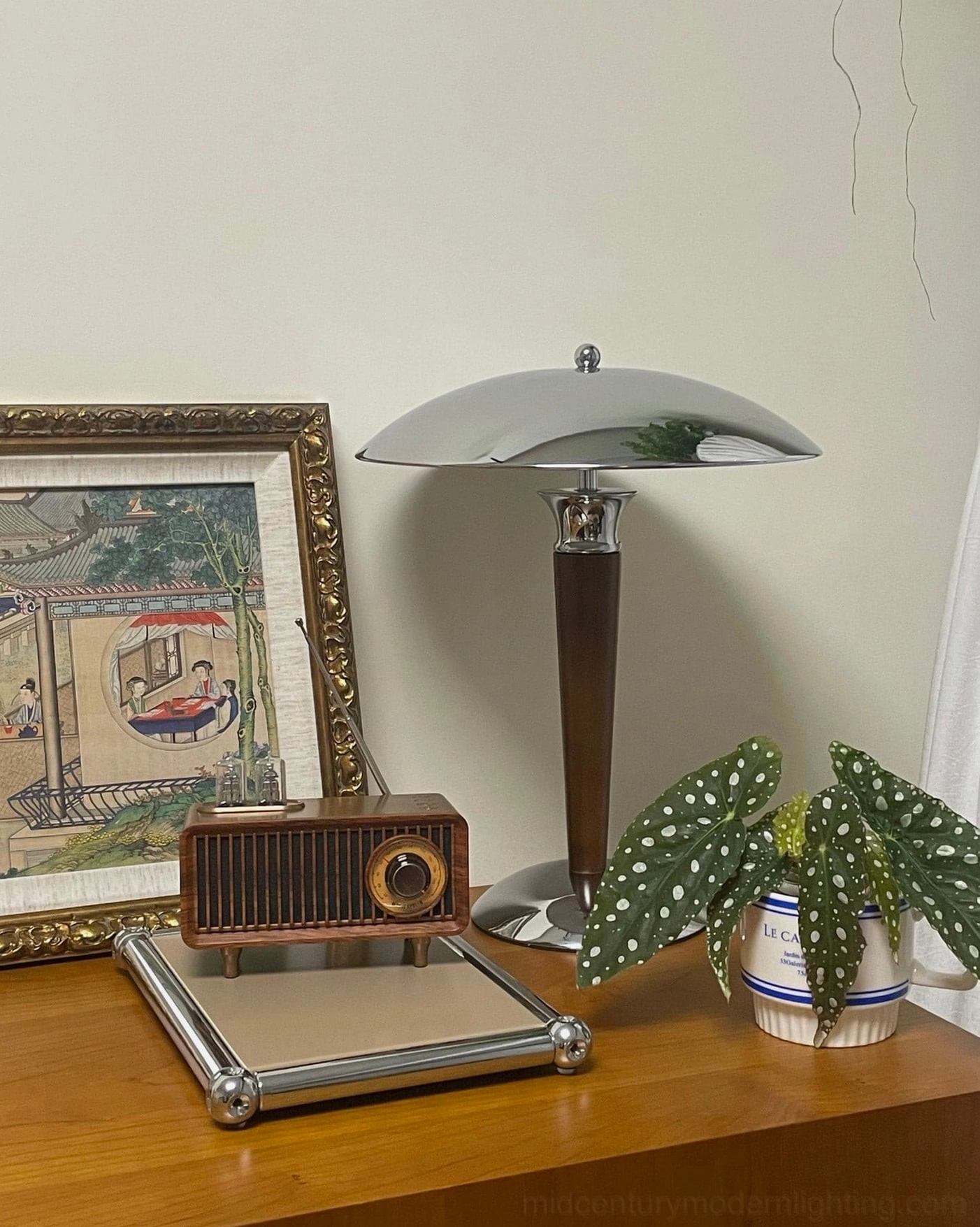 Tibby table lamp on bedroom dresser beside vintage radio and potted plant home styling