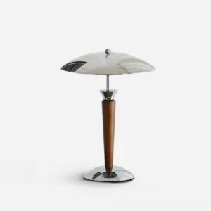 Tibby mid-century modern mushroom table lamp with polished chrome shade and solid wood base on white studio background