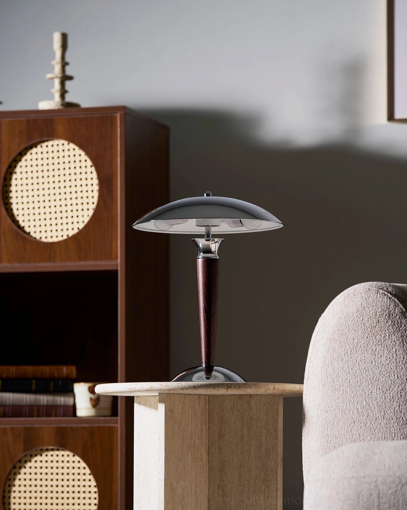 Tibby table lamp polished chrome shade surface detail view reflection