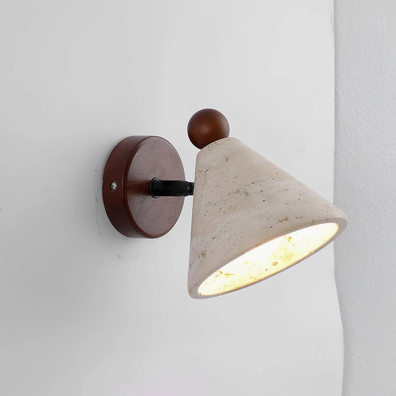 Tiber travertine wall sconce product view, beige stone with walnut wood finish and architectural form