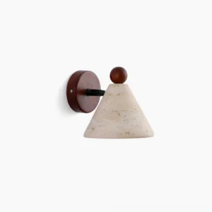 Tiber travertine cone wall sconce, minimalist studio view showcasing natural stone texture and warm beige finish