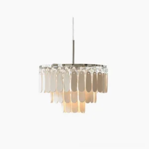 Tiered ceramic pendant light with frosted oval petals and polished chrome frame, frontal studio view