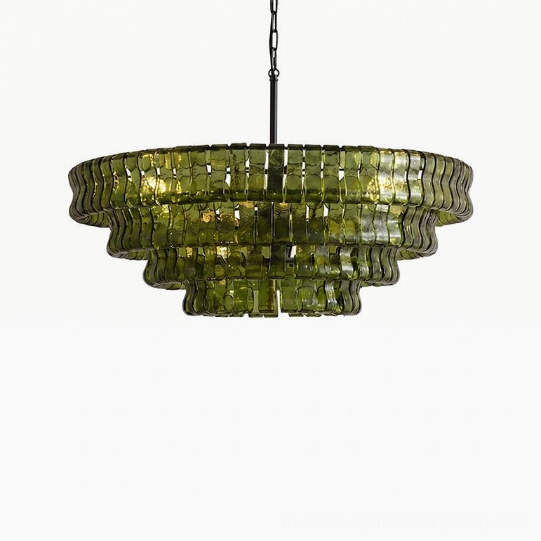 Tiered round chandelier 35.4 diameter, green glass variant creating bold artistic presence in modern interior