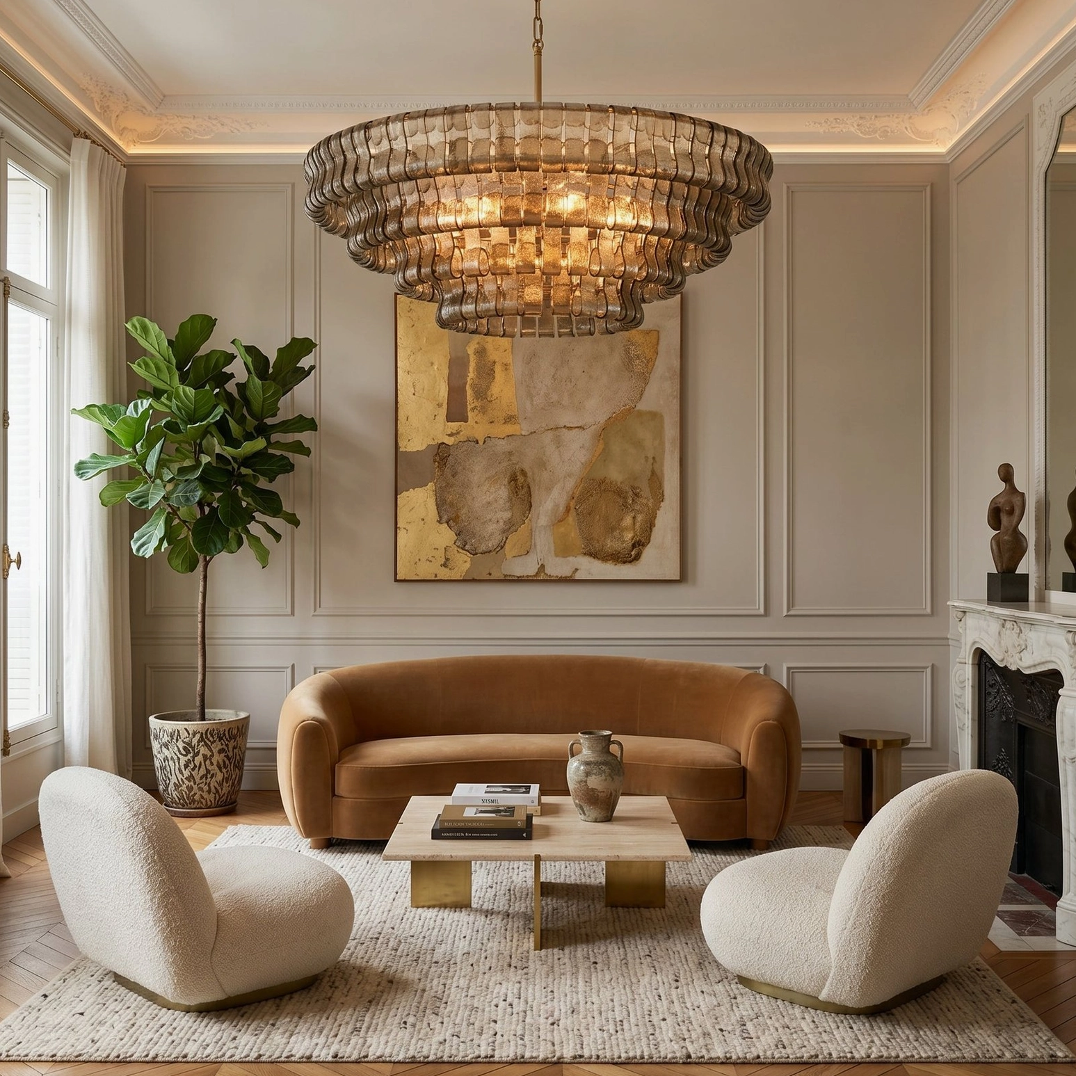 Amber tiered round chandelier illuminated in elegant neoclassical living room with luxury furnishings and warm wall treatment
