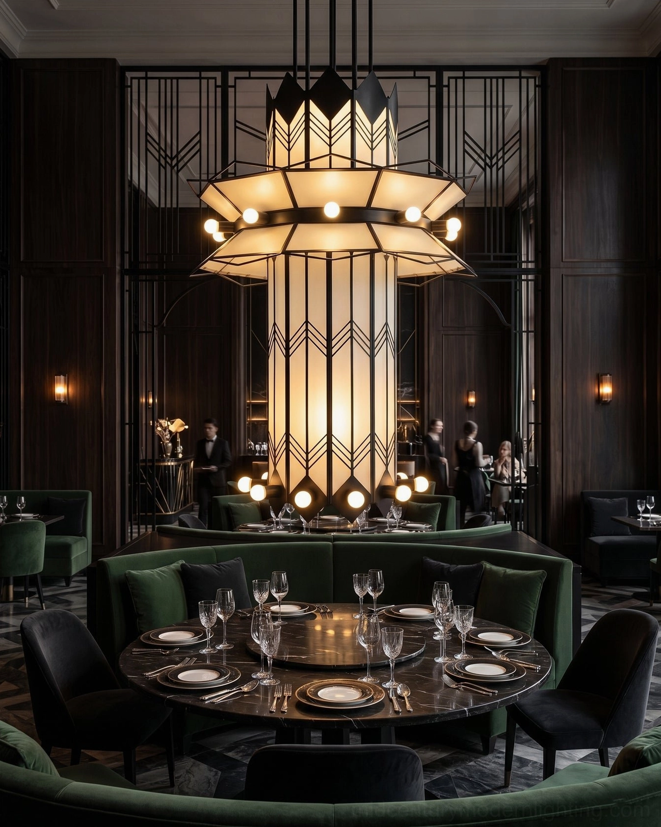 Manhattan Ziggurat chandelier in upscale private dining room with dark wood furnishings and set table