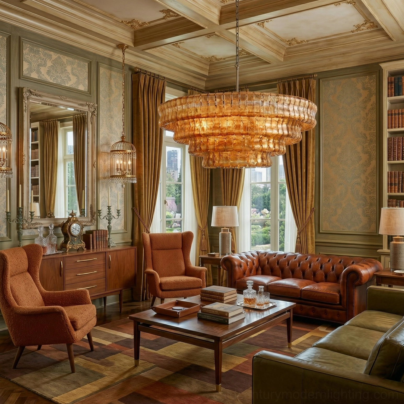 Tiered round chandelier with amber glass in sophisticated formal sitting room with mixed seating, coffee table, and patterned rug