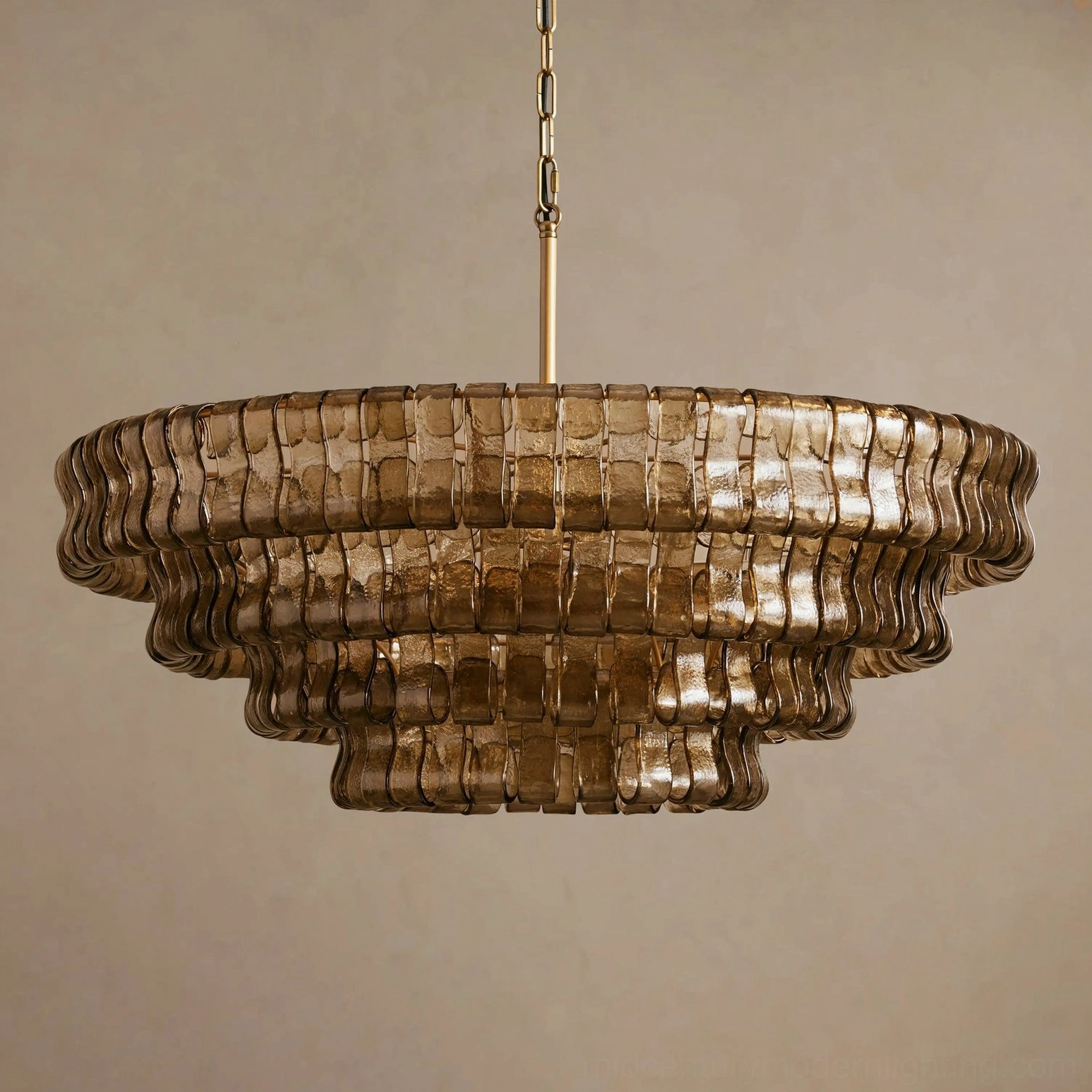 Industrial-strength metal frame with artisanal ice-textured glass tiles, tiered round chandelier architectural structure detail