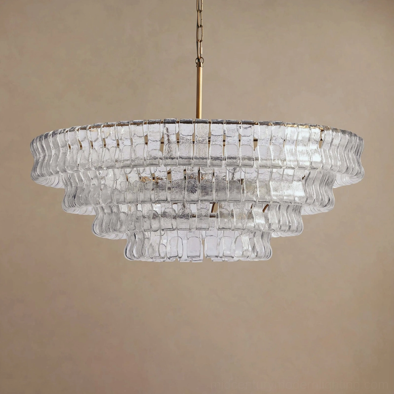 Tiered round chandelier sculptural form, clear glass tiles arranged in concentric descending rings, industrial frame