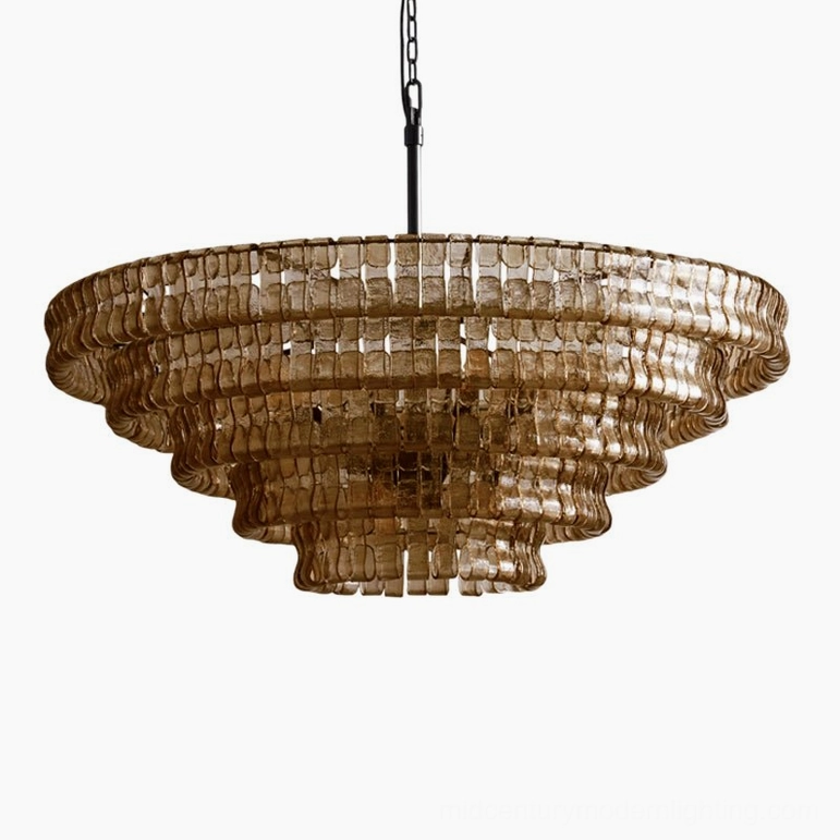 Tiered round chandelier smoke grey glass variant, contemporary sophisticated atmospheric lighting design detail
