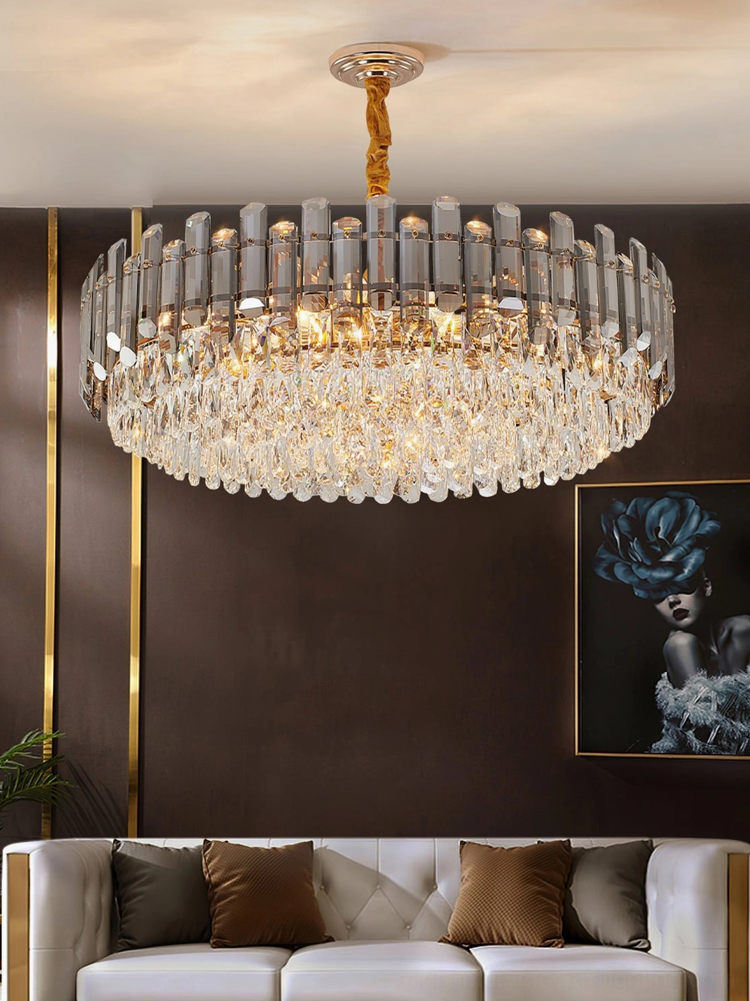 Round geometric crystal chandelier with layered design and sparkling crystal elements in upscale interior