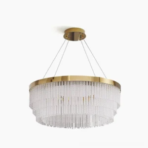 Modern gold brass tiered crystal pendant chandelier with cascading clear crystal tassels, front view studio shot