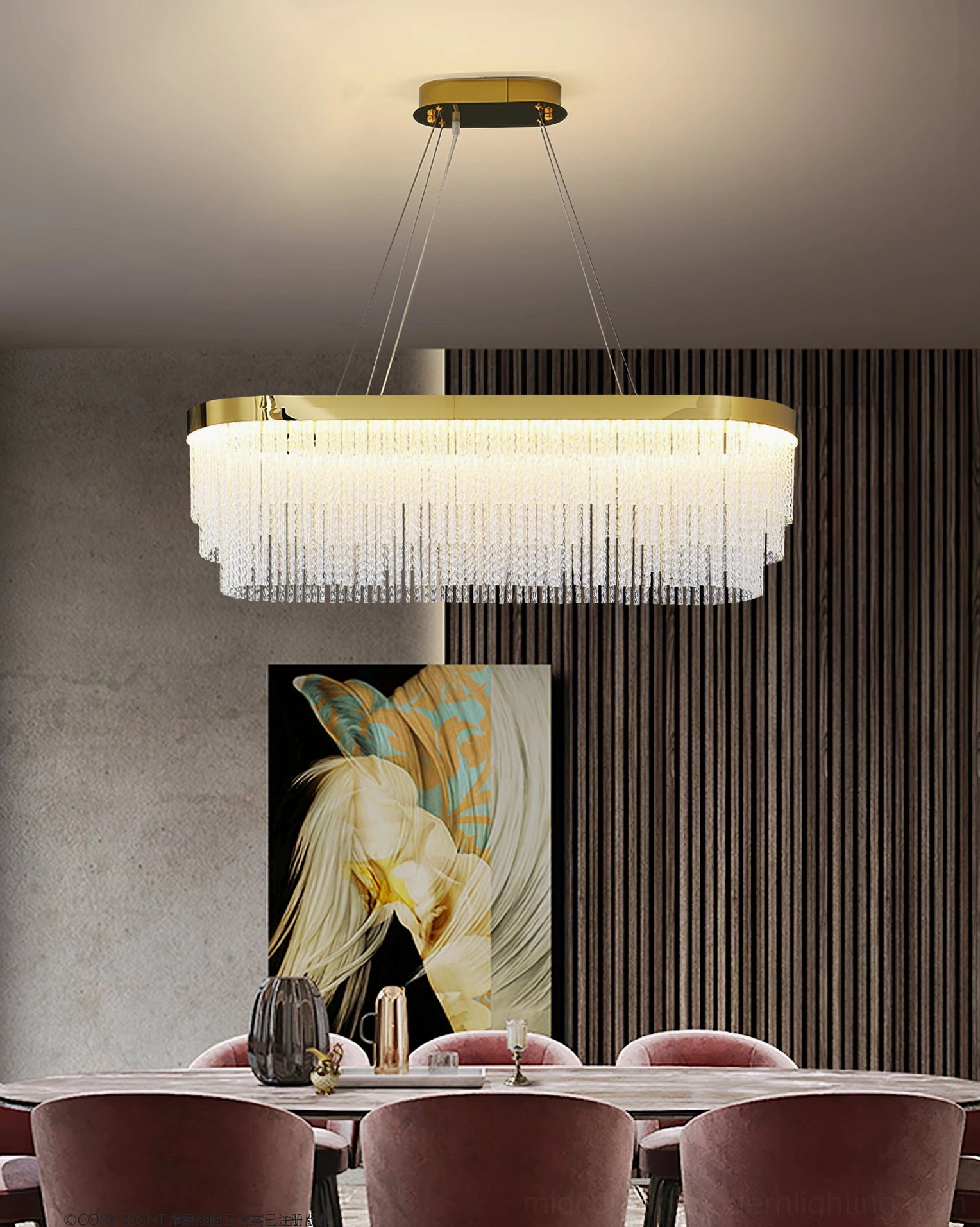 Contemporary tiered crystal chandelier installation view with hanging crystal tassels and modern ceiling