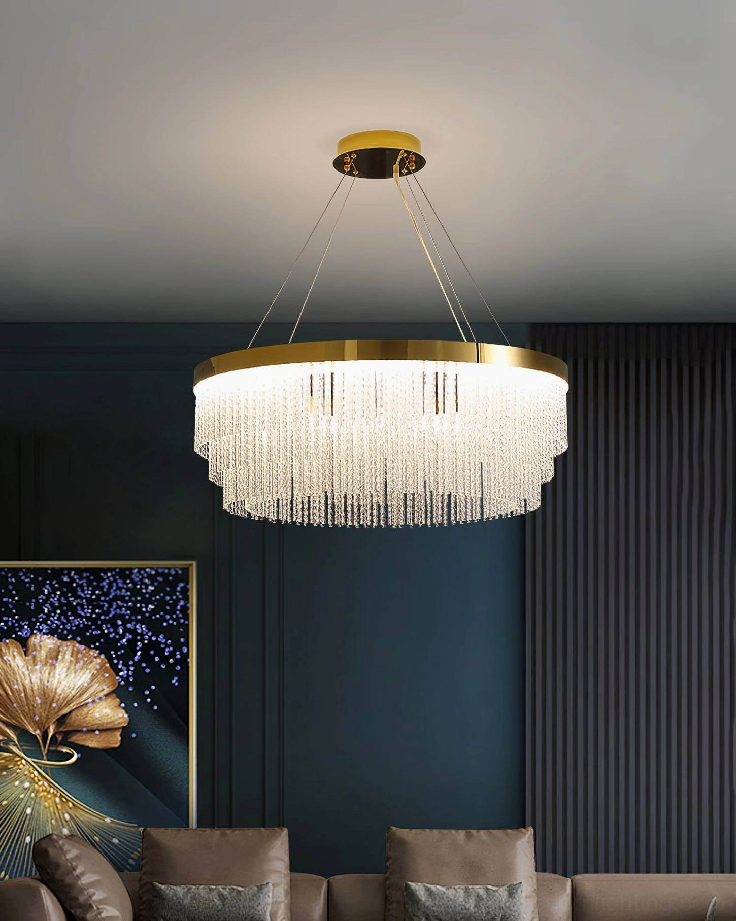 Tiered crystal chandelier with gold metal suspension in neutral modern interior design setting