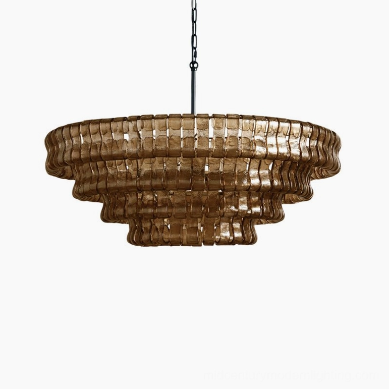 Tiered round chandelier fixture, concentric glass tile layers with industrial metal support, architectural detail