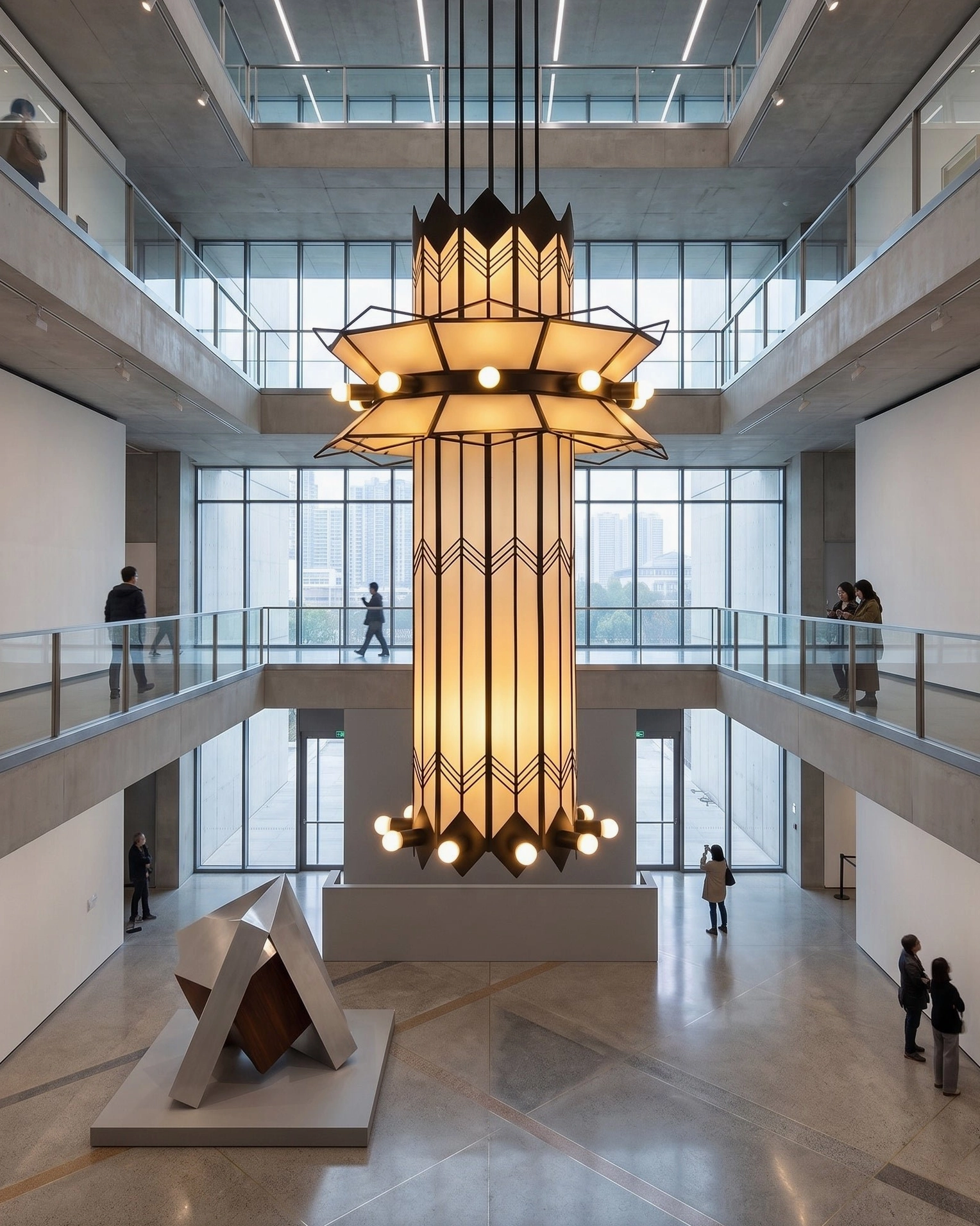 Manhattan Ziggurat tiered chandelier in double-height art gallery with minimalist sculpture and glass walls
