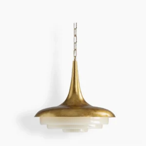 Tiered resin pendant lamp with brushed brass hardware front view mid-century modern lighting fixture
