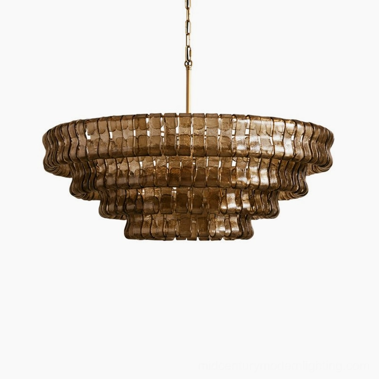 Tiered round chandelier, ice-textured clear glass variant, sculptural modern lighting statement piece