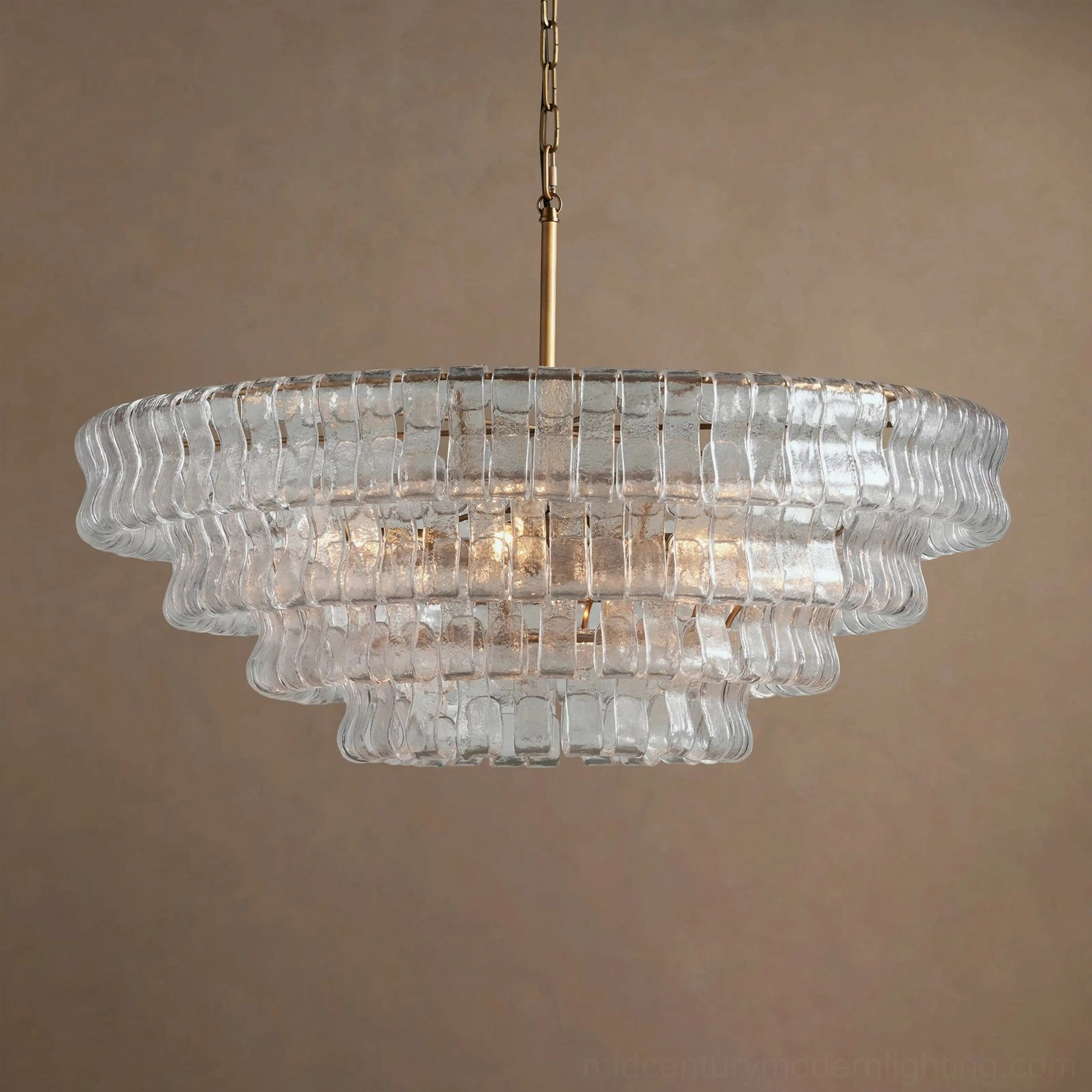 Tiered round chandelier, concentrically arranged ice-textured glass tiles, modern luxury fixture design detail