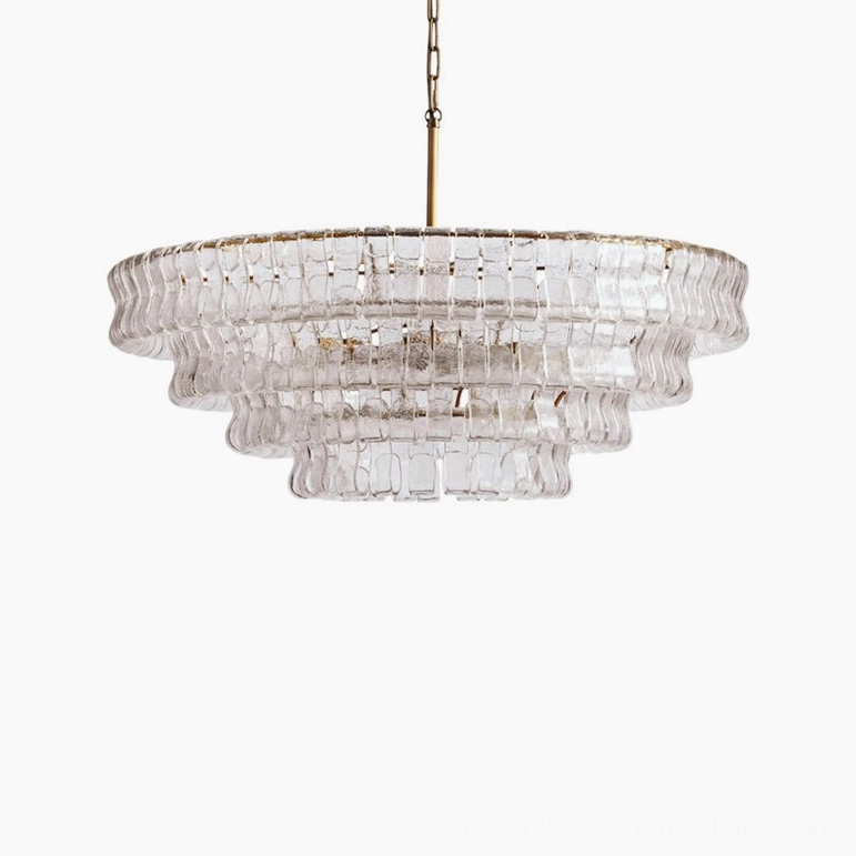 Tiered round chandelier suspended fixture, multiple glass layers reflecting light, contemporary statement lighting