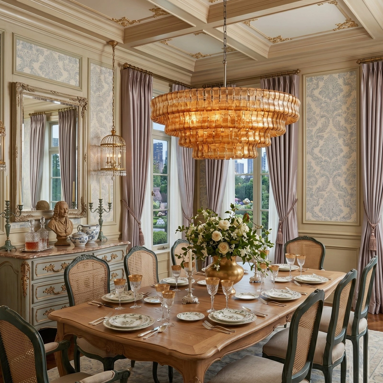 Grand amber tiered chandelier suspended above formal dining table in classical dining room with ornate trim and wood furniture
