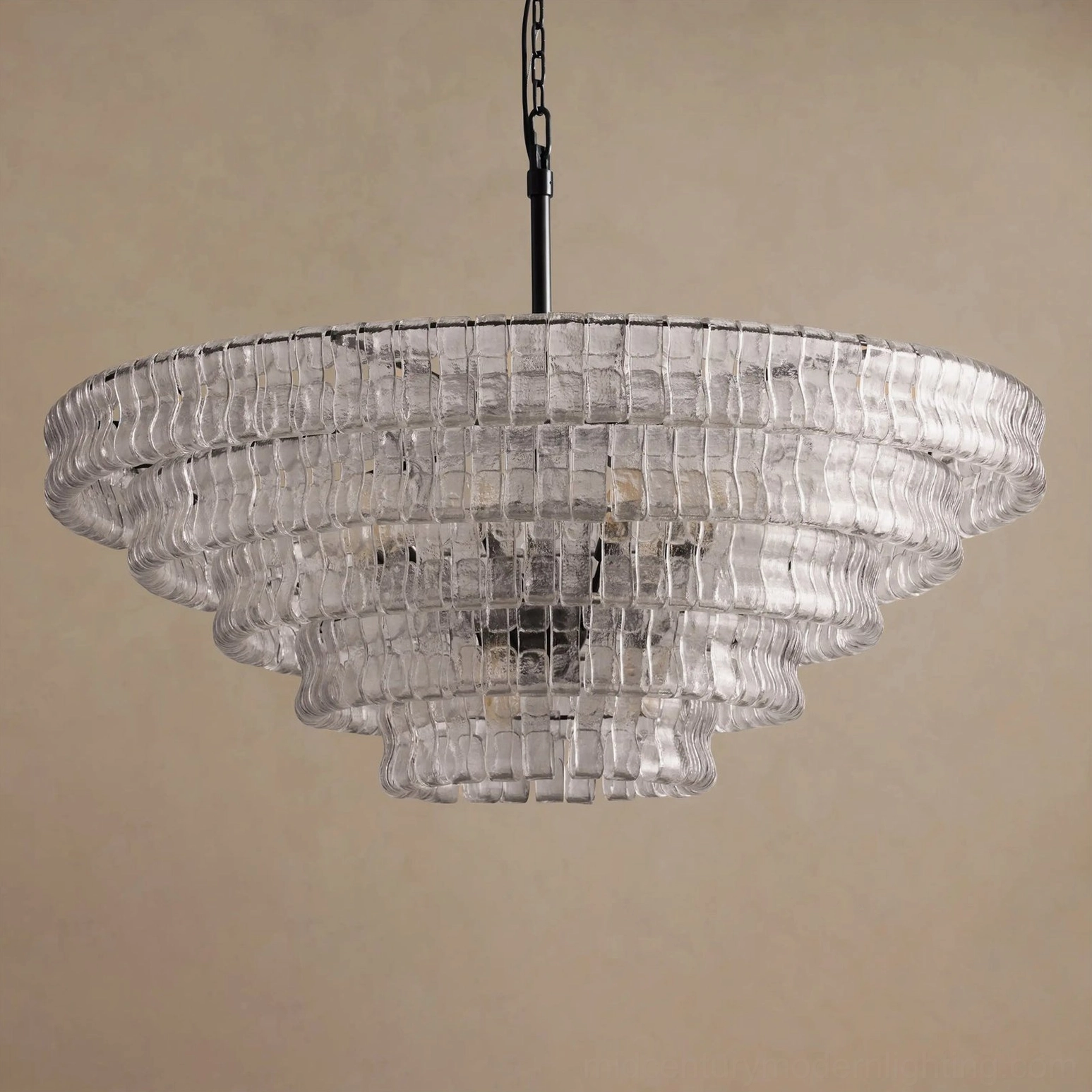Full view tiered round chandelier, concentric glass tile arrangement creating depth and three-dimensional sculptural presence