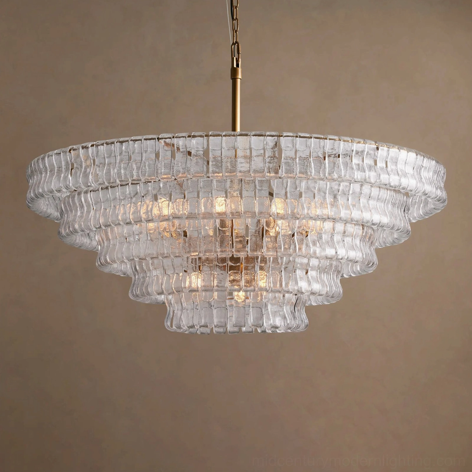 Tiered round chandelier, layered glass composition in descending circles, sculptural form architectural detail