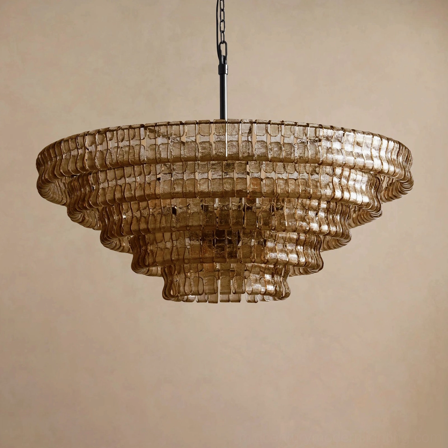 Tiered round chandelier with textured glass tiles, industrial metal frame, modern luxury architectural lighting