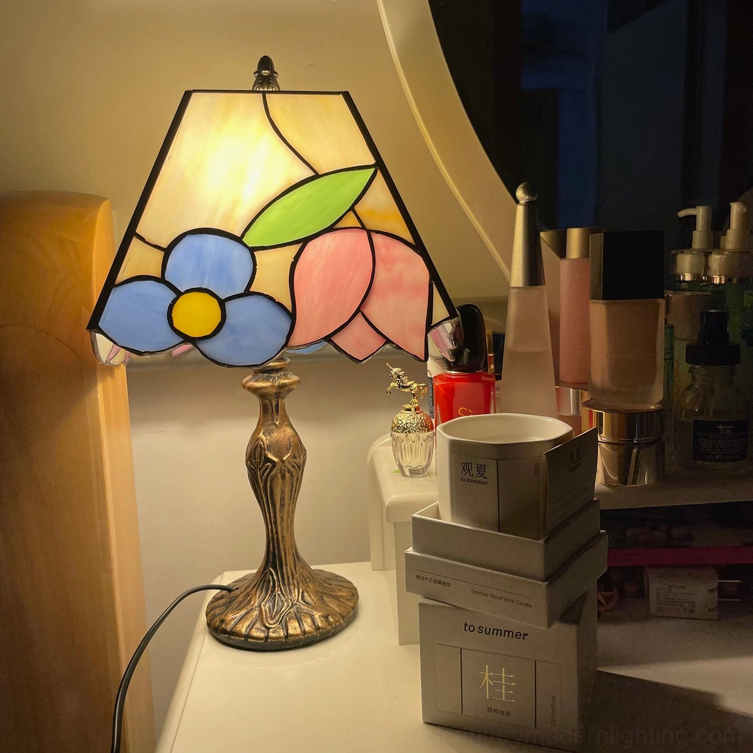 Art Nouveau inspired Tiffany table lamp with organic floral stained glass design