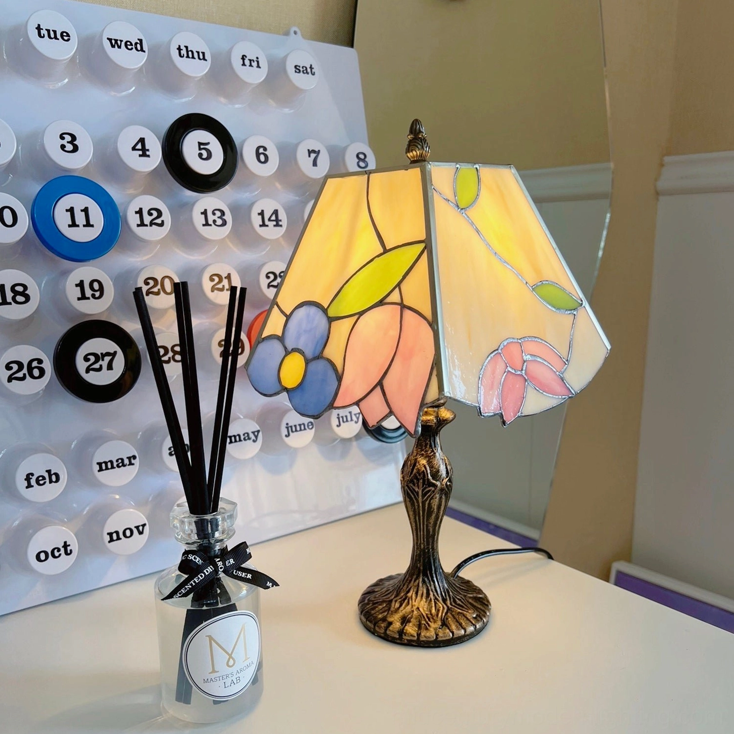 Tiffany glass table lamp cord and switch detail with universal voltage compatibility