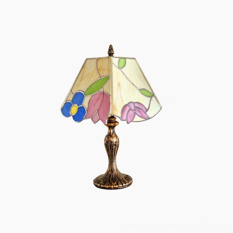 Tiffany handcrafted stained glass table lamp with Old Gold bronze base multiple angle