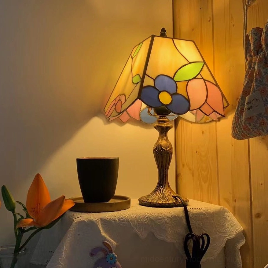 Tiffany stained glass lamp size and proportion reference with decorative accessories