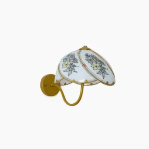 Tiffany Lily Wall Sconce with vintage floral glass shade in gold finish, front view on white background