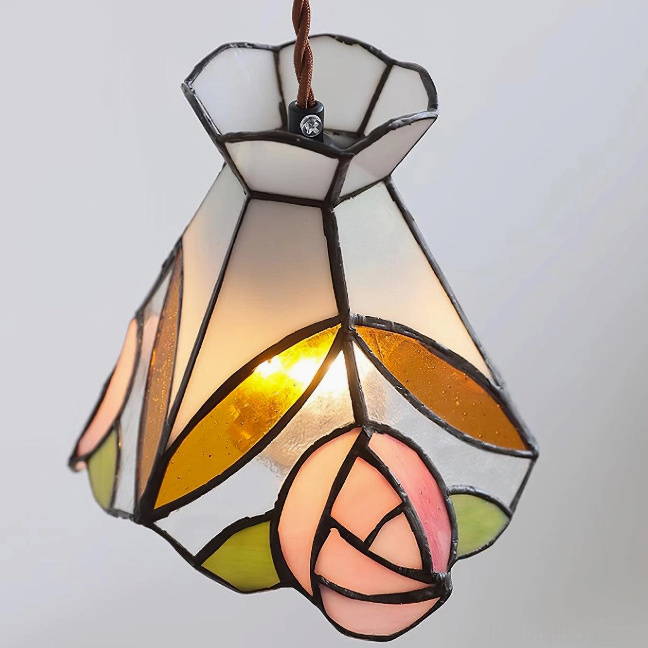 Tiffany rose stained glass pendant light showing full pendant design and proportions