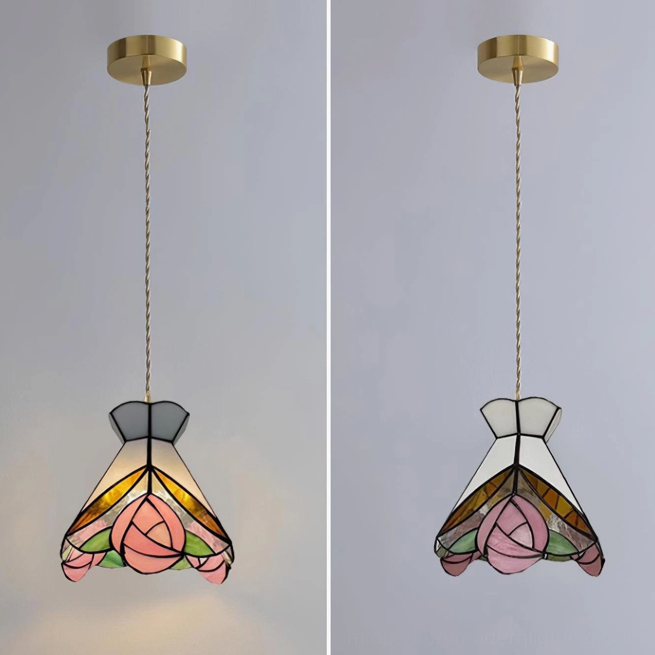 Vintage-style Tiffany rose pendant light illuminating residential interior space with warm glow
