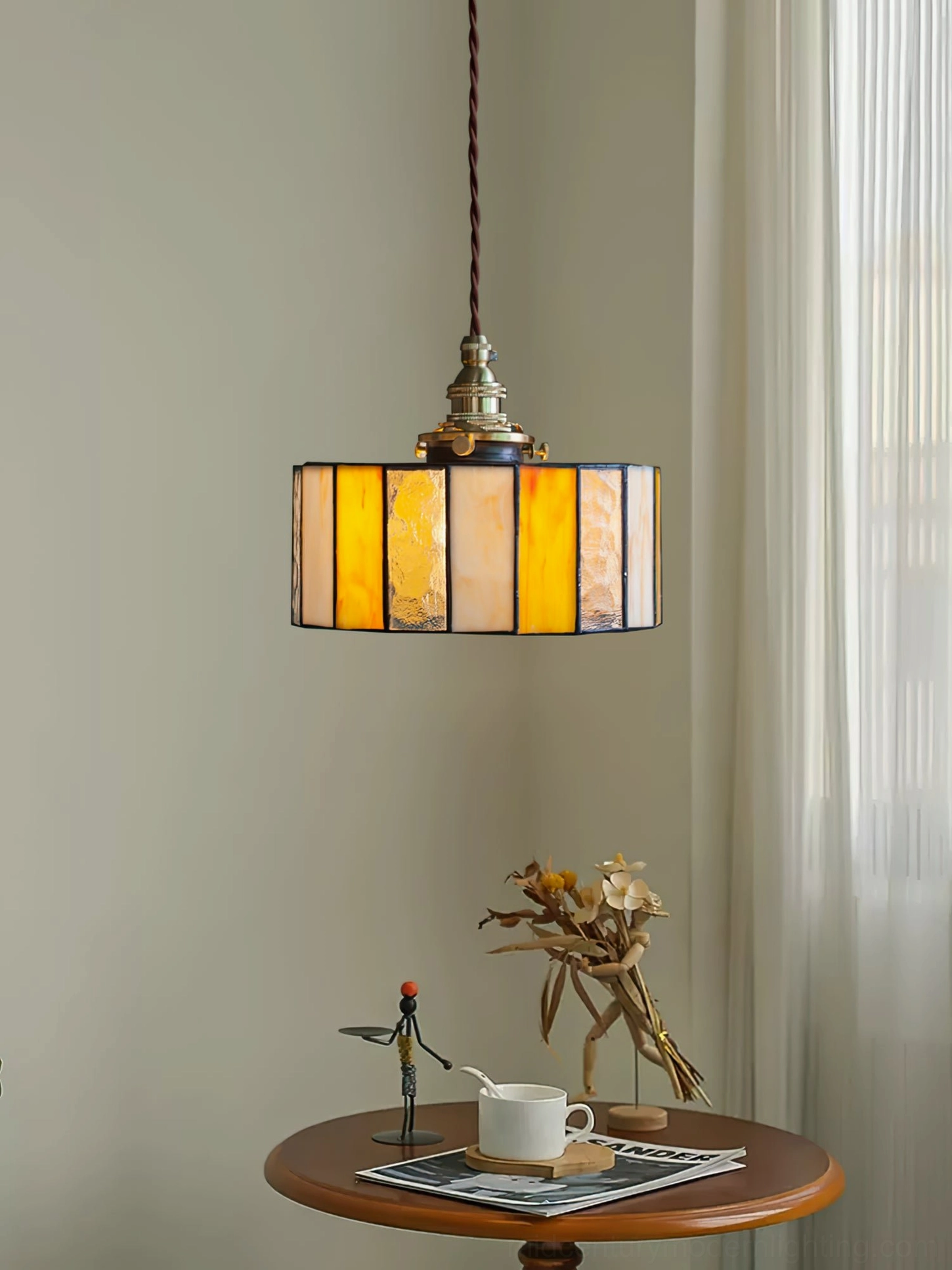 Stained glass drum pendant light with vintage Tiffany design, warm cream and amber panels, full product view