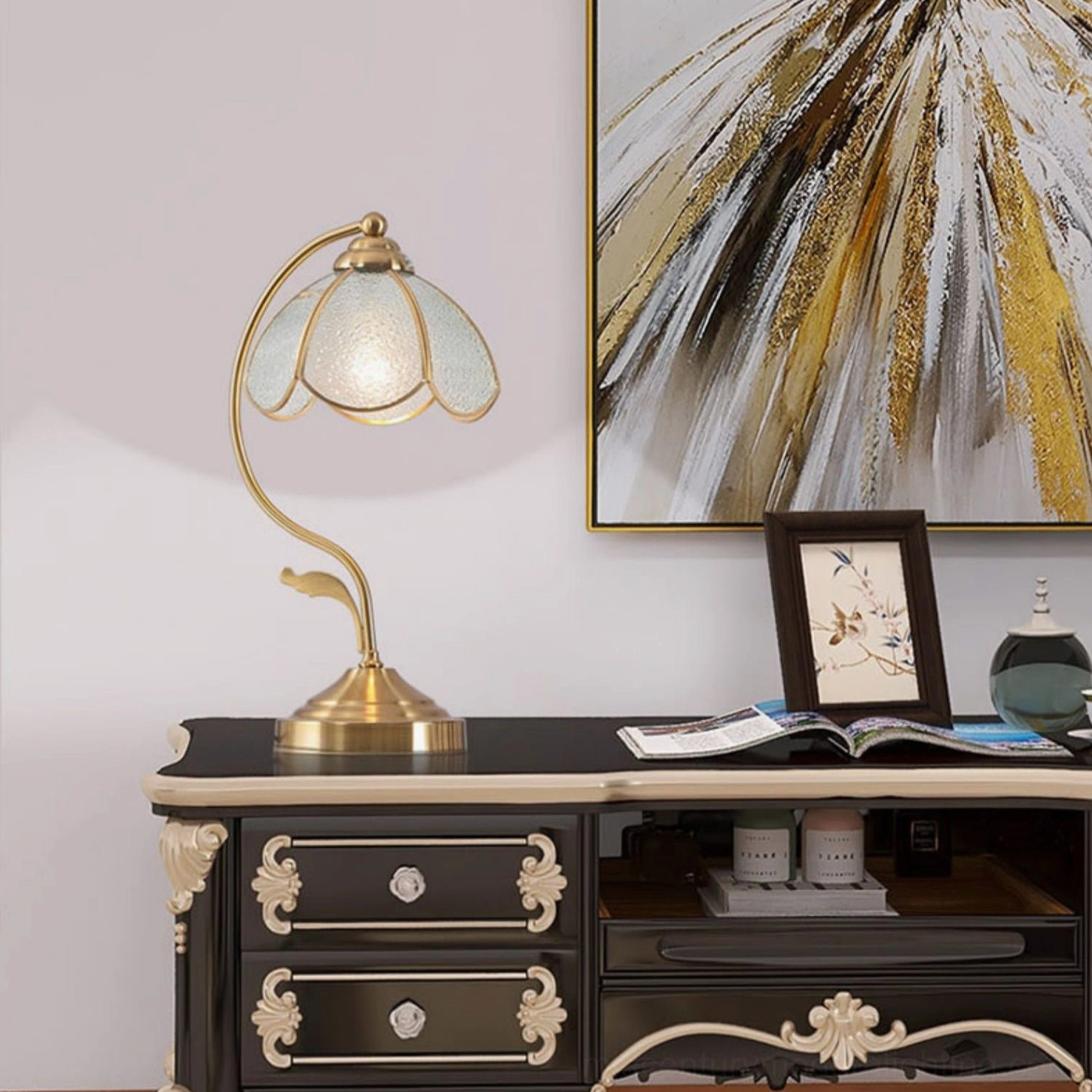 Vintage Tiffany table lamp displayed in luxury living room with decorative art cabinet and refined décor