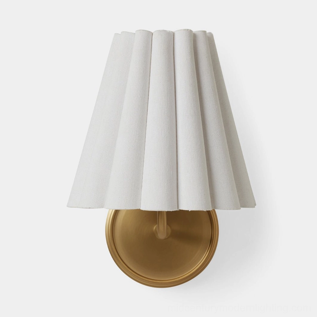 Brushed brass Tilia wall sconce front view on white background highlighting sculptural base design