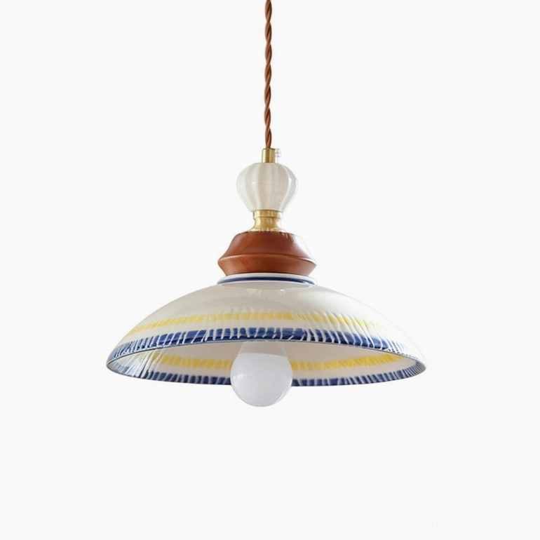 Tilly ceramic pendant light in beige colorway variant with coordinated striping, vintage-inspired silhouette perfect for mid-century modern interiors