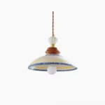 Tilly handcrafted ceramic pendant light with hand-painted blue and yellow striped rim, displayed against white background showing front view of vintage-inspired design