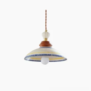 Tilly handcrafted ceramic pendant light with hand-painted blue and yellow striped rim, displayed against white background showing front view of vintage-inspired design