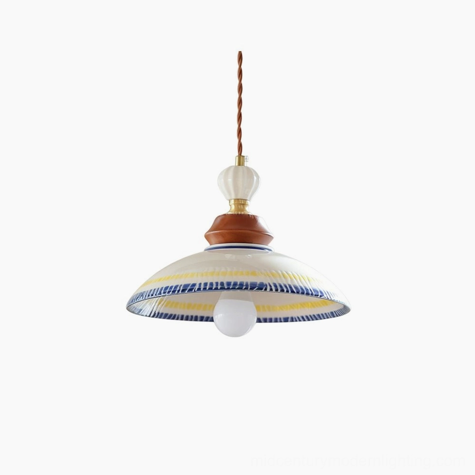 Tilly handcrafted ceramic pendant light with hand-painted blue and yellow striped rim, displayed against white background showing front view of vintage-inspired design