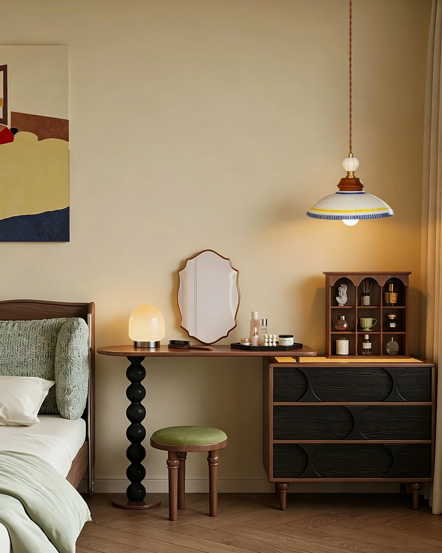 Tilly handcrafted ceramic pendant in warm mid-century modern bedroom vanity corner, showcasing vintage-inspired lighting and ambient warm glow
